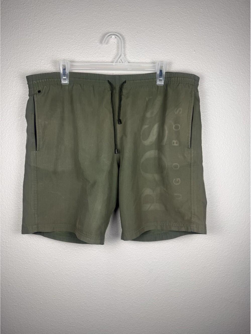 Hugo Boss Swim Trunks Mens L Green Drawstring Lined Board Shorts Logo